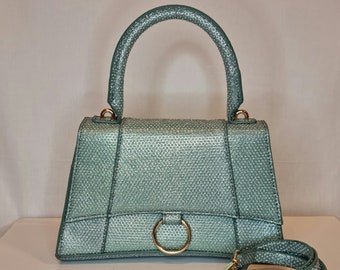 Mint Green Faux Leather Sparkle Glitter Pebbled Embellished Top Handle Evening Clutch Bag