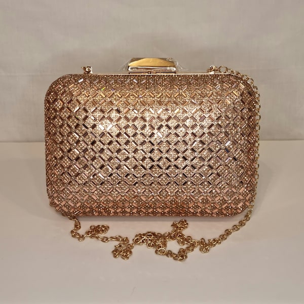 Pochette de soirée ornée de cristaux miroir or rose champagne