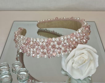 Pink White Pearl Luxury Hand Embellished Crystal Bead Sparkly Jewelled Headband