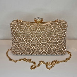 Champagne Rose Gold Pearl Luxury Crystal Diamond Hand Embellished Evening Clutch Bag