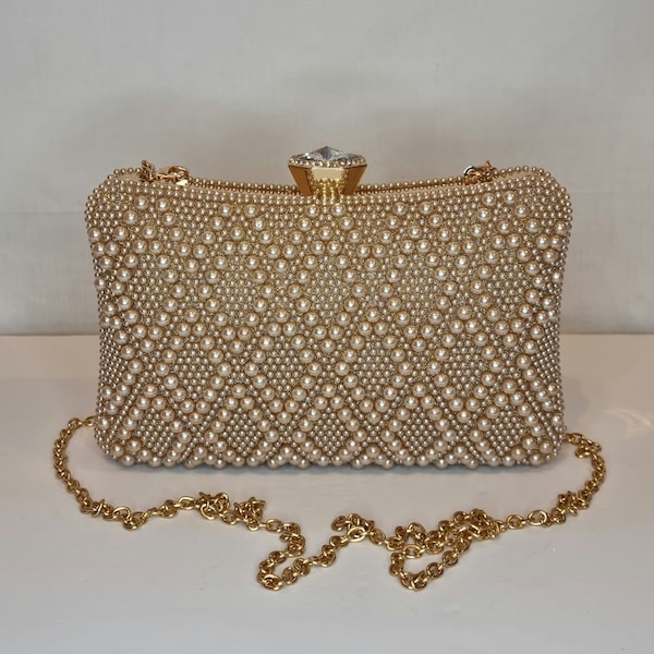 Champagne Rose Gold Pearl Luxury Crystal Diamond Hand Embellished Evening Clutch Bag