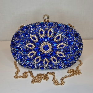 Royal Blue Bejeweled Luxury Crystal Diamond Embellished Evening Clutch Bag