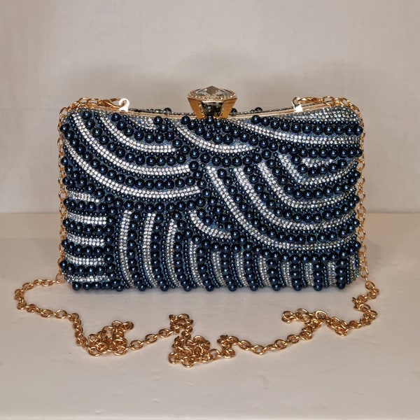 Navy Blue Pearl Luxury Crystal Diamond Hand Embellished Evening Clutch Bag