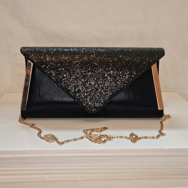 Black Metallic Glitter Embellished Evening Clutch Bag