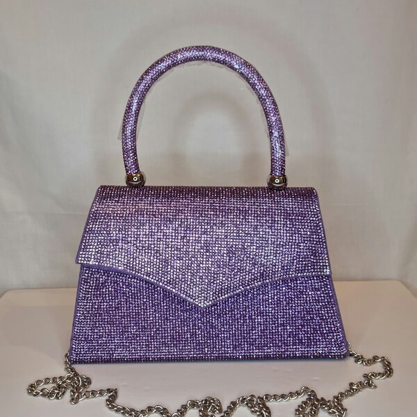 Lilac Purple Luxury Crystal Diamond Top Handle Embellished Evening Clutch Bag