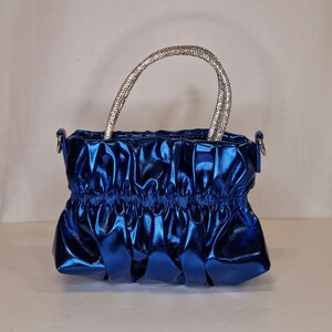 Royal Blau Kobalt Geraffte Kunstleder Patent Metallic Kristall Diamant Top Griff Verschönerte Abend Clutch Tasche
