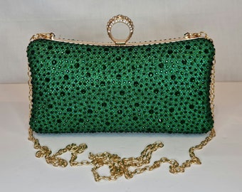 Emerald Green Crystal Diamond Embellished Evening Clutch Bag