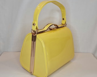 Sunshine Lemon Yellow Patent Classic Top Handle Embellished Evening Clutch Bag