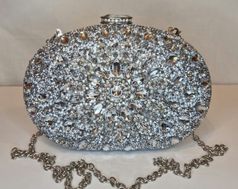 Silver Bejeweled Luxury Crystal Diamond Embellished Evening Clutch Bag