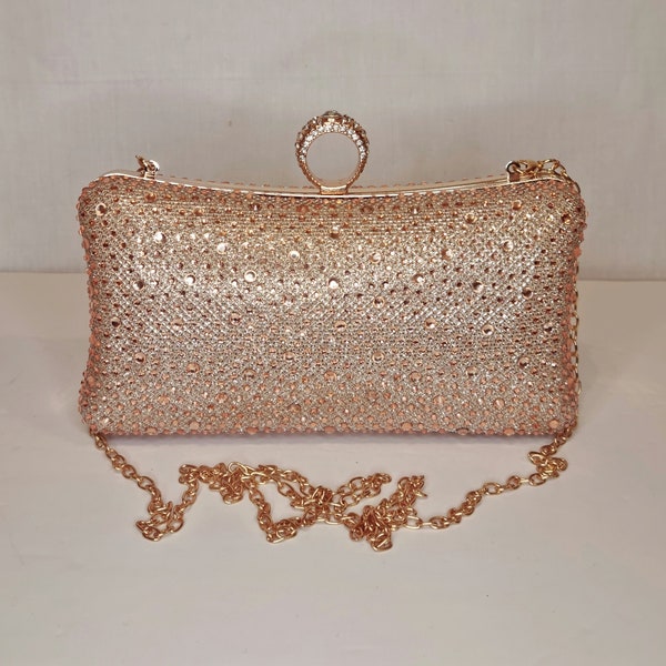 Champagne Rose Gold Crystal Diamond Embellished Evening Clutch Bag