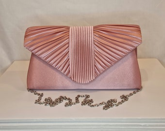 Blush Pink Ruched Satin Embellished Evening Clutch Bag