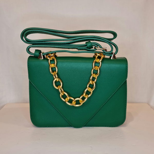 Bottle Green Faux Leather Gold Chain Crossbody Multi Compartment Embellished Evening Clutch Bag