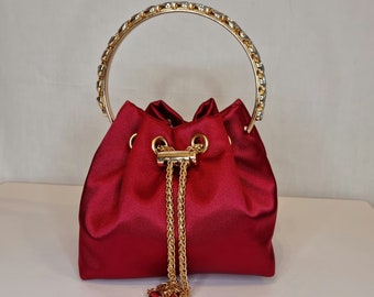 Ruby Red Luxury Bon Bon Satin Crystal Diamond Top Handle Tassel Chain Embellished Evening Clutch Bag