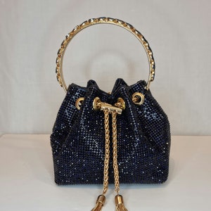 Navy Blue Luxury Bon Bon Crystal Diamond Top Handle Tassel Chain Embellished Evening Clutch Bag