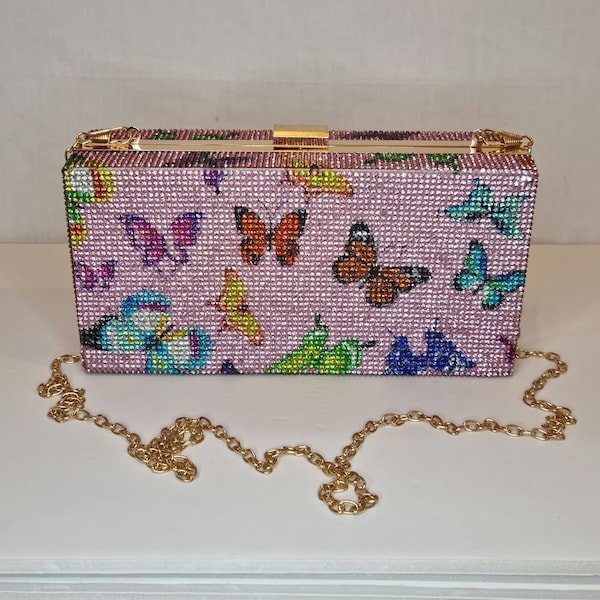 Baby Pink Rainbow Butterfly Design Crystal Diamond Box Embellished Evening Clutch Bag
