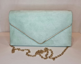 Mint Turquoise Green Faux Suede Embellished Evening Clutch Bag