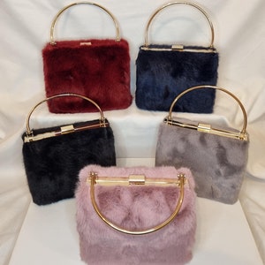 Flauschige Kunstpelz Plüsch Stil Top Griff Verschönerte Abend Clutch Tasche - Blush Pink, Burgunderrot, Grau, Schwarz, Marineblau