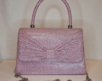 Light Pink Sparkle Glitter Bow Embellished Top Handle Evening Clutch Bag