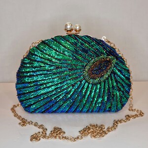 Peacock Blue Green Sapphire Midnight Sequin Bead Pearl Embellished Evening Clutch Bag - LAST IN STOCK