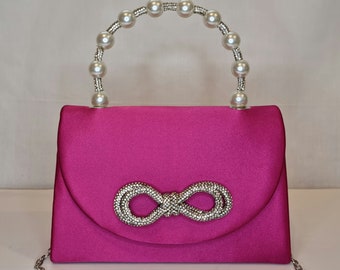 Fuschia Hot Pink Satin Pearl Crystal Diamond Bow Hand Embellished Top Handle Evening Clutch Bag