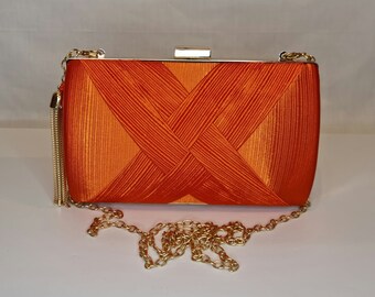 Orange Ruched Satin Tassel Embellished Evening Clutch Bag