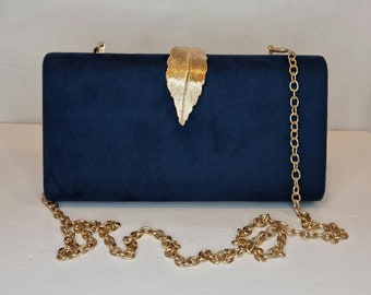 Navy Blue Faux Suede Gold Leaf Embellished Evening Clutch Bag