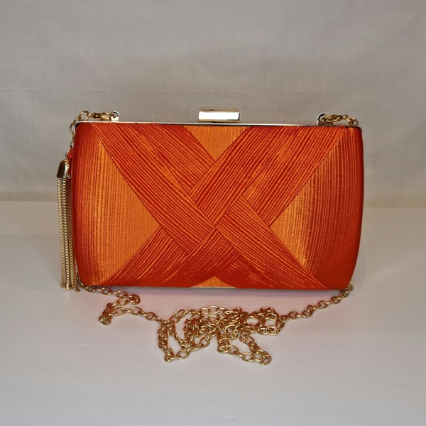 Orange Ruched Satin Tassel Embellished Evening Clutch Bag