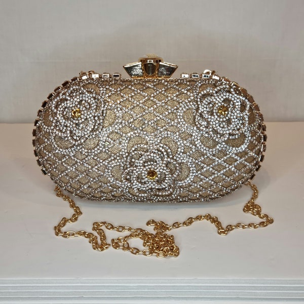 Champagne Gold Glitter Floral Crystal Diamond Capsule Style Embellished Evening Clutch Bag - One-off Bespoke Statement Piece
