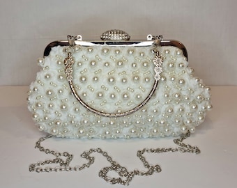 Pearl Cream Floral Lace Hand Embellished Evening Clutch Bag