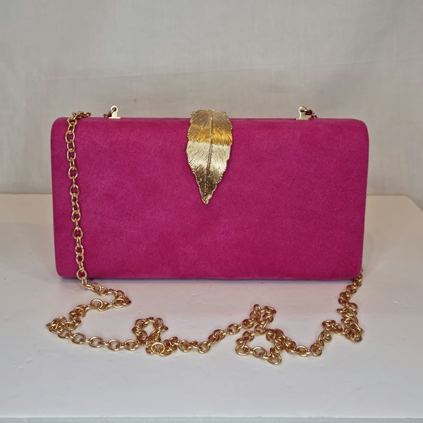Fuschia Hot Pink Faux Suede Gold Leaf Embellished Evening Clutch Bag