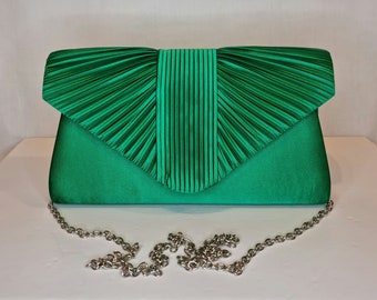 Apple Green Ruched Satin Embellished Evening Clutch Bag