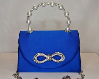 Royal Blue Cobalt Satin Pearl Crystal Diamond Bow Hand Embellished Top Handle Evening Clutch Bag