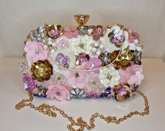 Baby Pink Floral Crystal Diamond Bead Hand Embellished Evening Clutch Bag