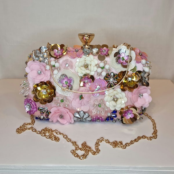 Baby Pink Floral Crystal Diamond Bead Hand Embellished Evening Clutch Bag