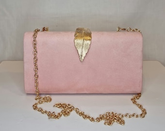 Blush Baby Pink Faux Suede Gold Leaf Embellished Evening Clutch Bag