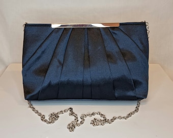 Navy Blue Satin Embellished Evening Clutch Bag