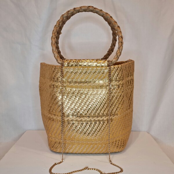 Golden Tan Brown Straw Woven Crochet Large Summer Beach Bucket Top Handle Embellished Evening Clutch Bag