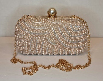 Rose Gold Pearl Luxury Crystal Diamond Bead Hand Embellished Evening Clutch Bag