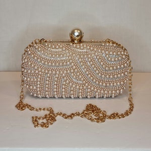 Rose Gold Pearl Luxury Crystal Diamond Bead Hand Embellished Evening Clutch Bag