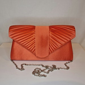 Orange Coral Ruched Satin Embellished Evening Clutch Bag