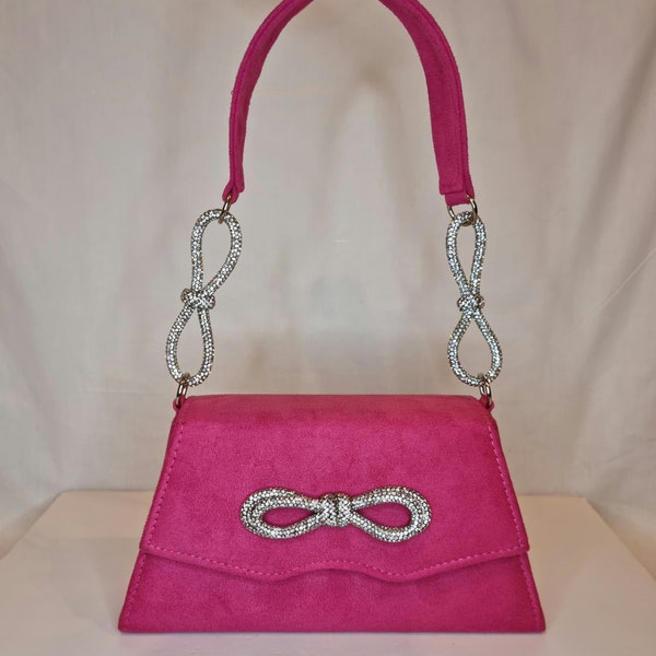 Fuschia Hot Pink Faux Suede Crystal Diamond Bow Top Handle Embellished Evening Clutch Bag