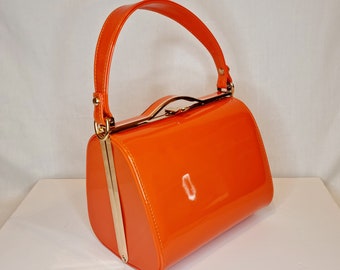 Orange Patent Classic Top Handle Embellished Evening Clutch Bag