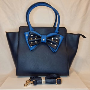 Navy Blau Kobalt Kristall Bogen Verschönerte Kunstleder Large Tote Handtasche