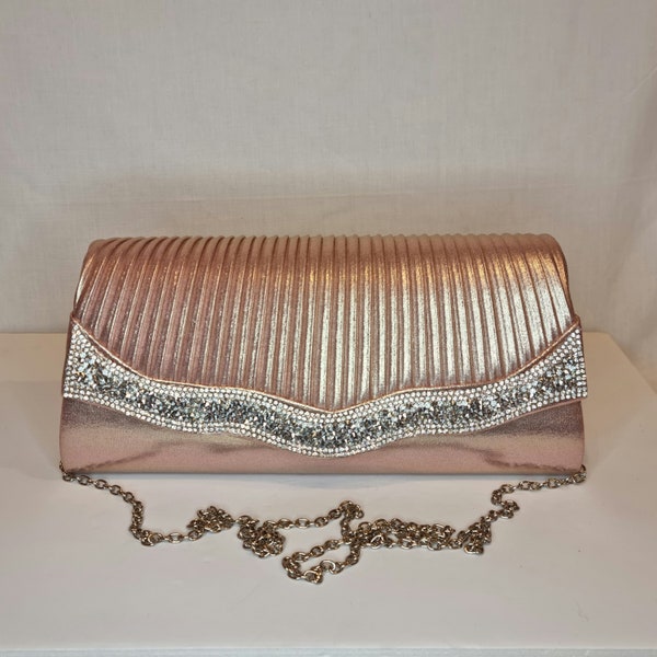 Rose Gold Champagne Crystal Rhinestone Metallic Ruched Satin Embellished Evening Clutch Bag - LAST IN STOCK