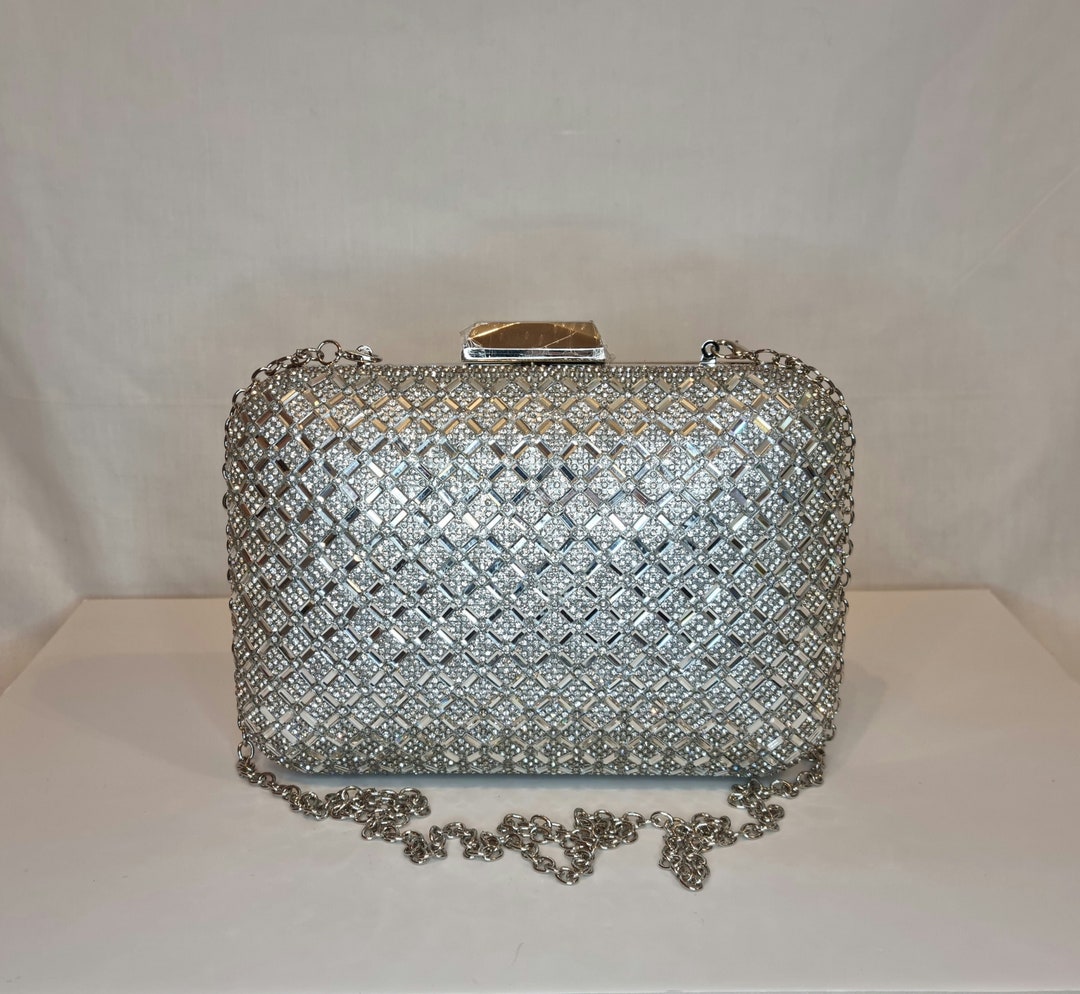 Silver Mirror Crystal Embellished Evening Clutch Bag Etsy UK