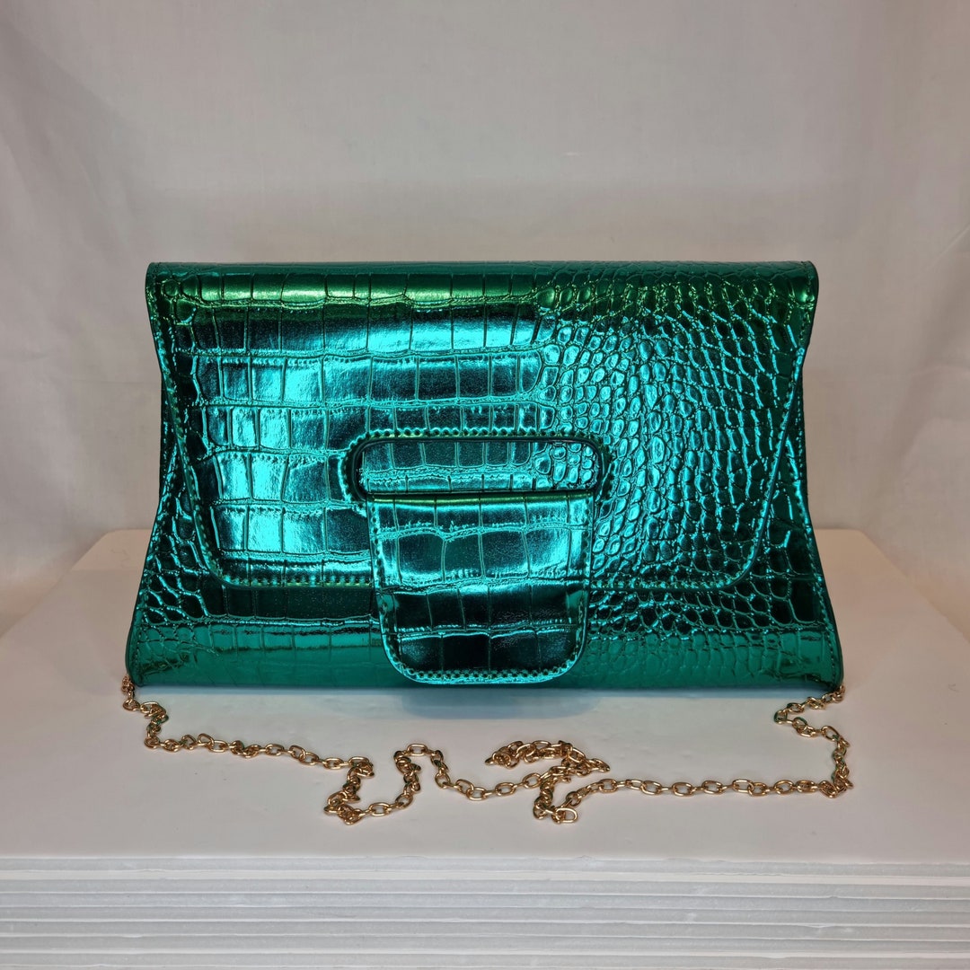 Dark Green Patent Crocodile Alligator Design Embellished Evening Clutch