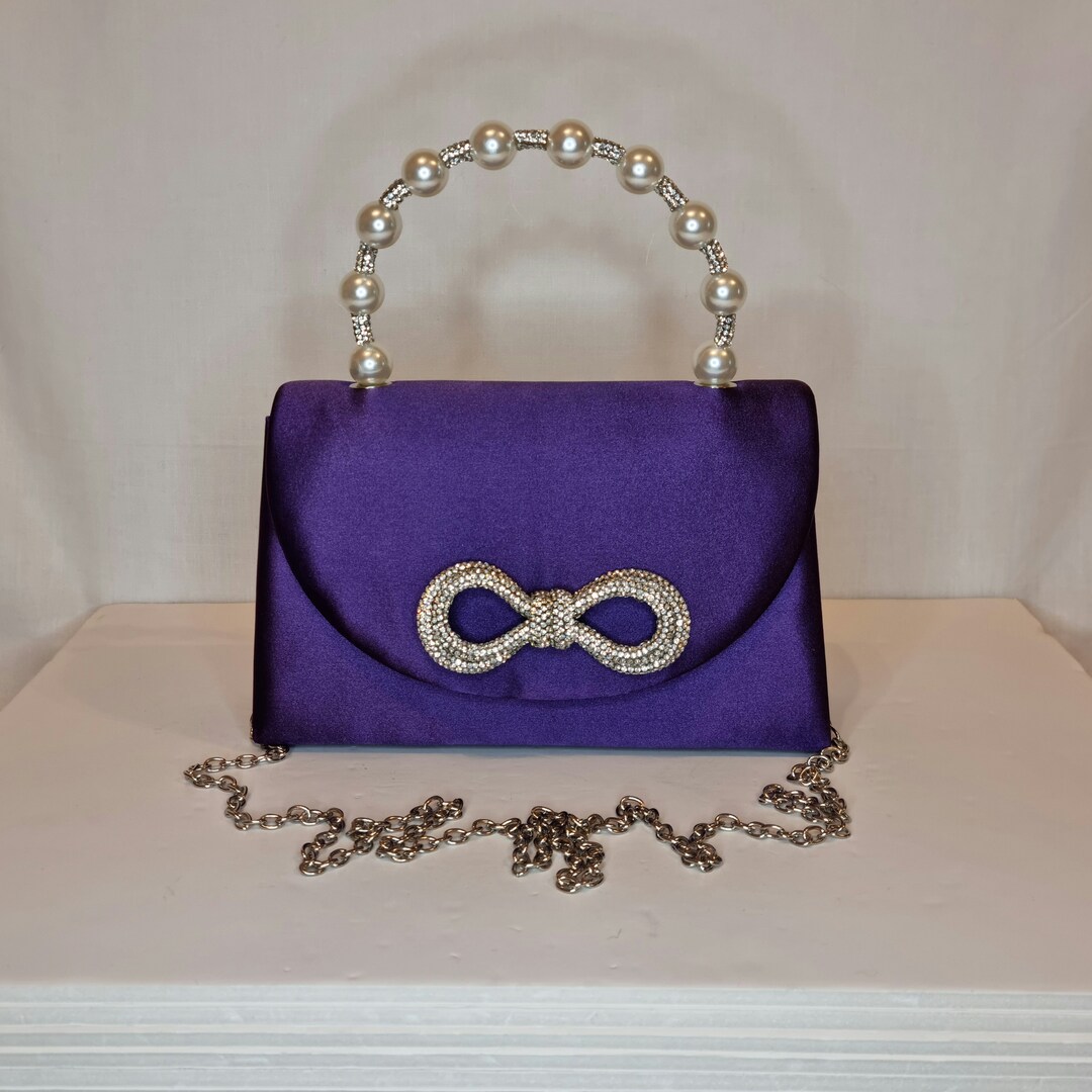Purple Satin Pearl Crystal Diamond Bow Hand Embellished Top Handle Evening Clutch Bag - Etsy
