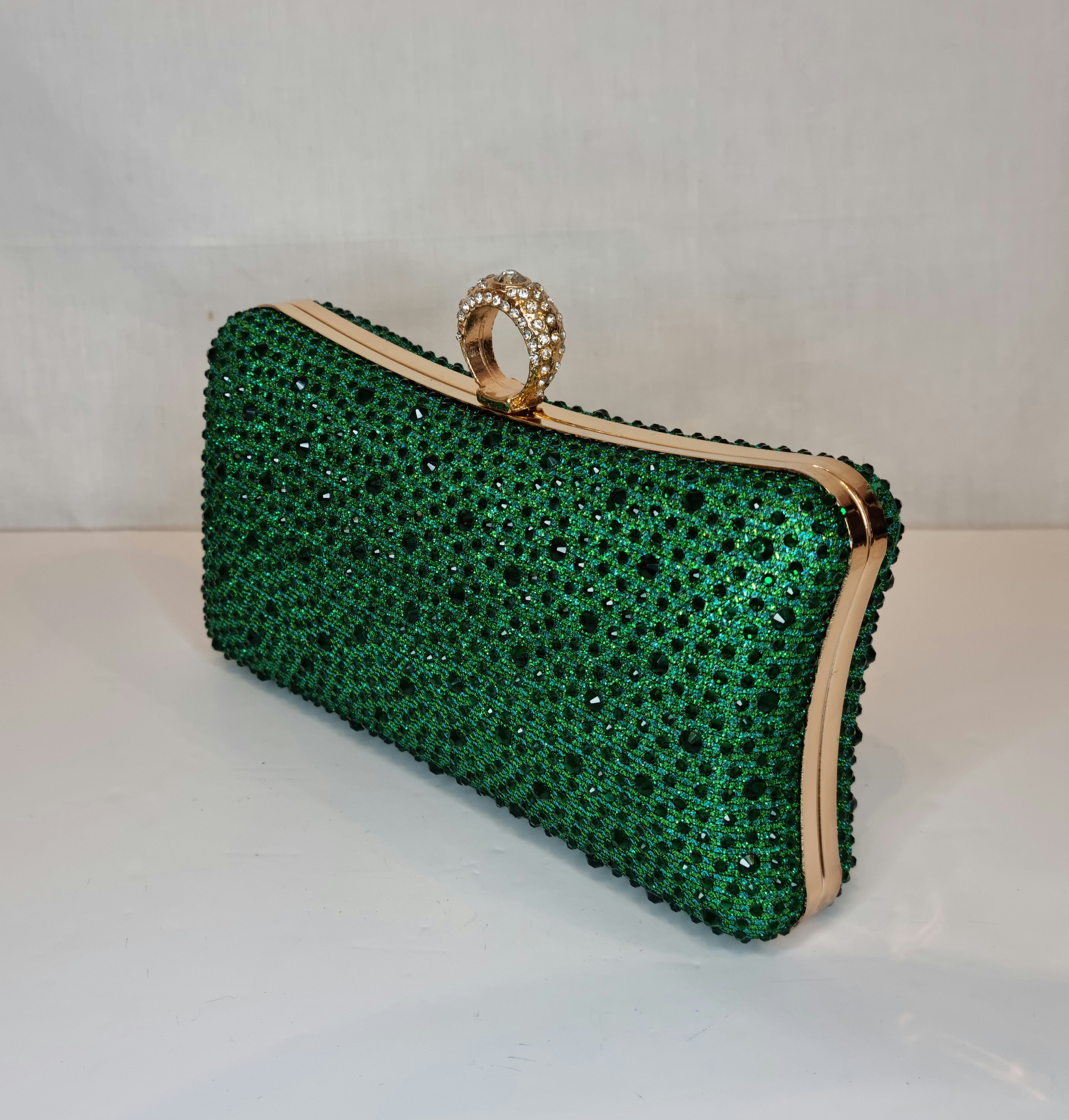 Velvet Emerald Green Clutch Purse, Bag Embroidered with Faux Diamonds, Shoulder Strap and Handle for Wedding, Evening Party and Ethnic Wear.