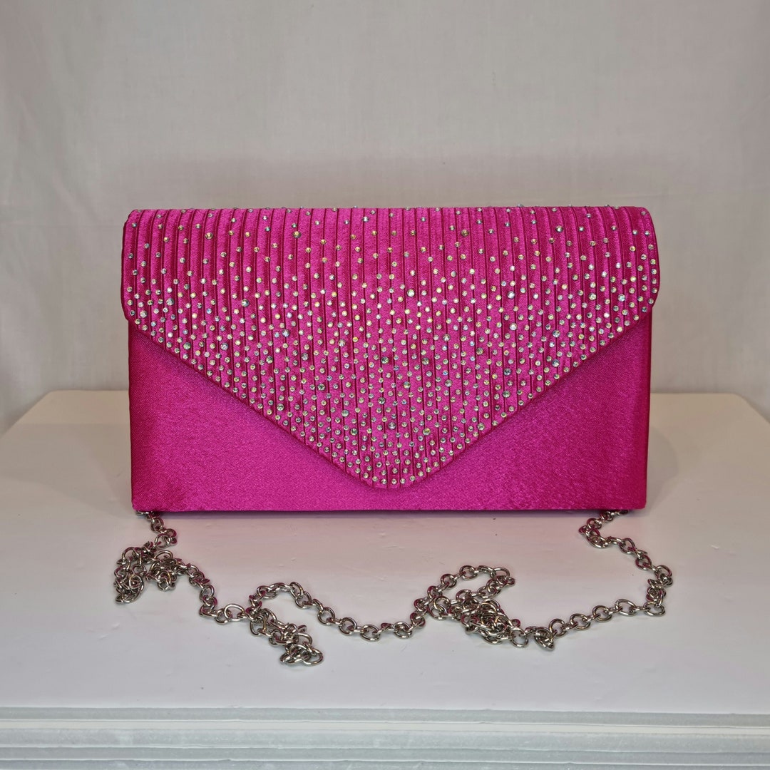 Hot Pink Fuschia Satin Crystal Embellished Evening Clutch Bag Etsy