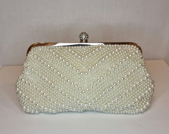 ASPHODELCHIC Women Pearl Evening Bag Bride Beaded Clutch Purse Cream White  for Wedding Party, Ivory White, Small : : Fashion
